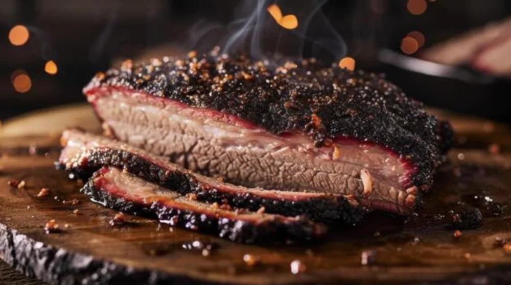 A whole smoked brisket with a dark peppery bark resting on a wooden board, with a few slices cut from the end.