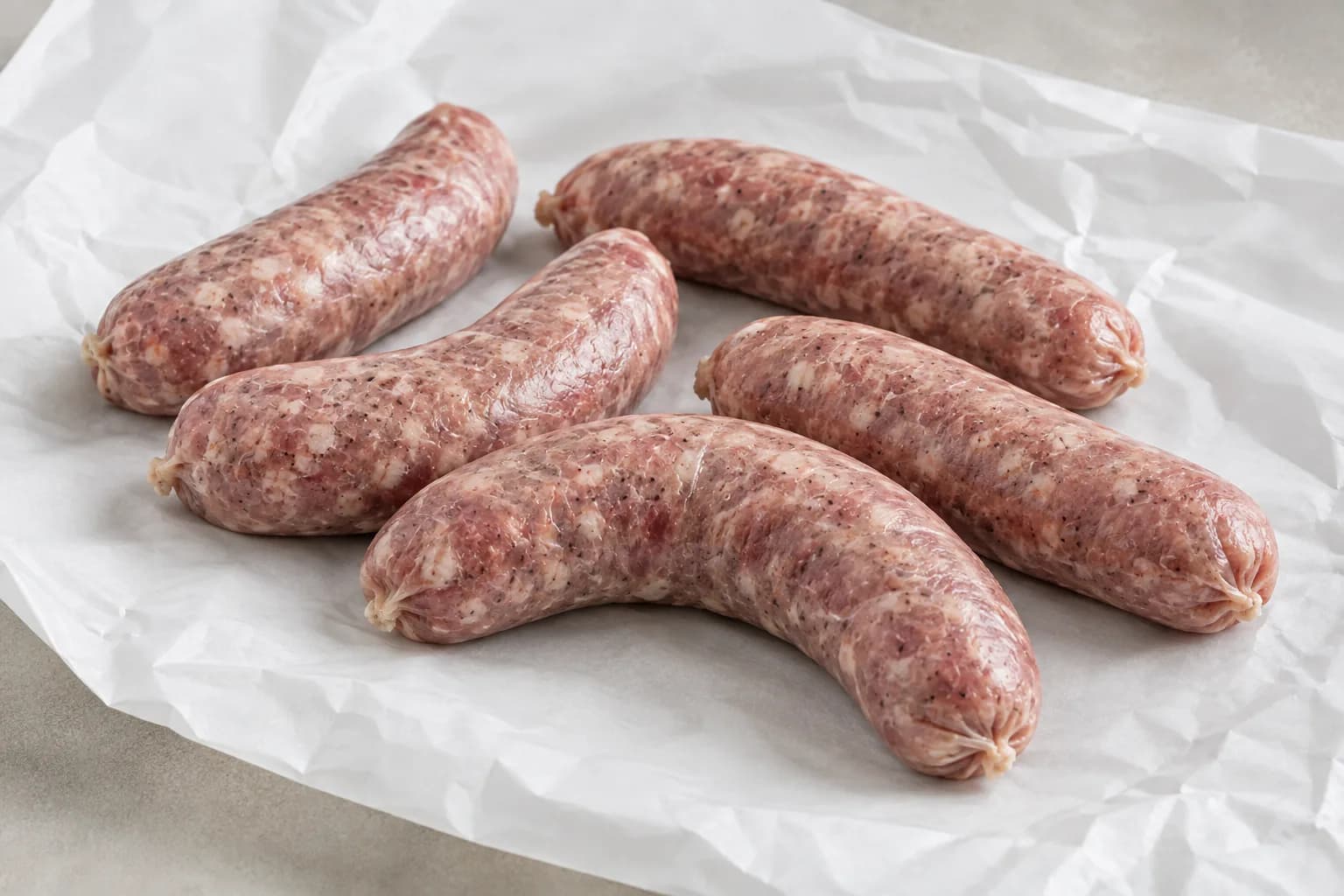 Five raw bratwurst links on white butcher paper, coarse ground pork flecked with pepper in natural casings.