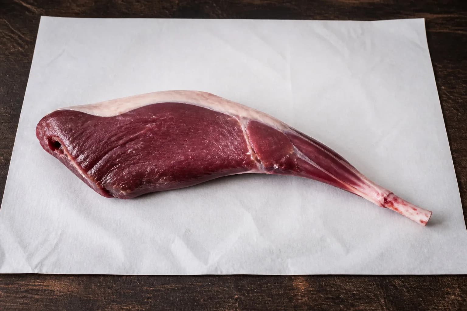 A bone in goat leg on white butcher paper, lean dark red muscle with a thin seam of fat along the top and the shank bone exposed at one end.