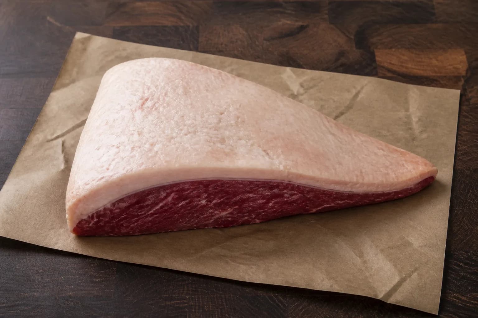 A whole raw picanha on butcher paper, fat cap up, showing the triangular shape and the thick layer of fat that gives the cut its name.
