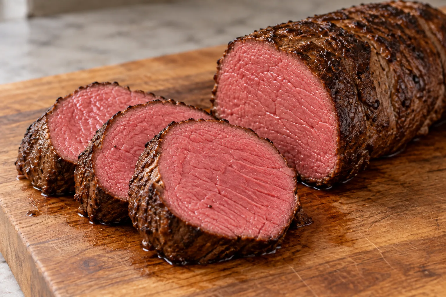 A roasted beef tenderloin with a dark peppery crust on a wooden cutting board, three thick slices cut from the end showing rosy pink meat from edge to edge.