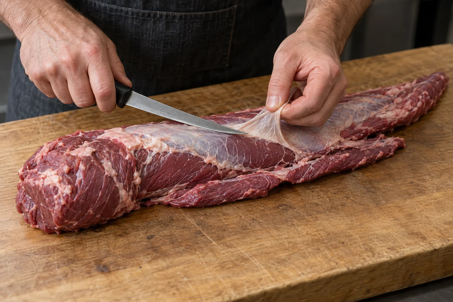 Hands with a boning knife lifting a sheet of silverskin off a whole untrimmed beef tenderloin on a worn wooden block, the fatty side chain still attached along one side.