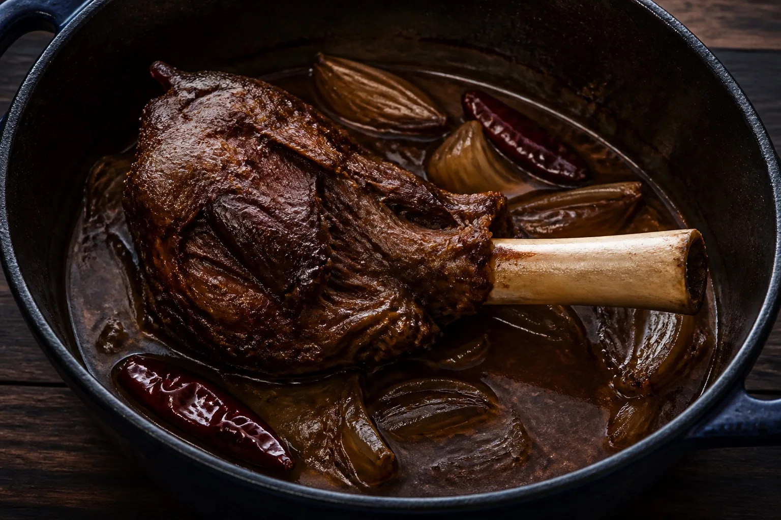 A braised goat shank in a heavy cast iron pot, the meat cooked dark and glossy and pulled back from a long clean bone, with onion wedges and dried red chiles in the liquid around it.