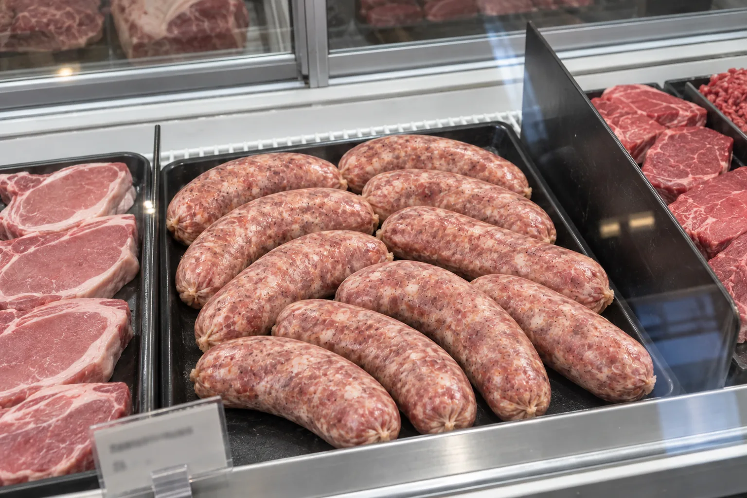 A tray of raw bratwurst in a refrigerated butcher case, steaks and chops in the trays either side.