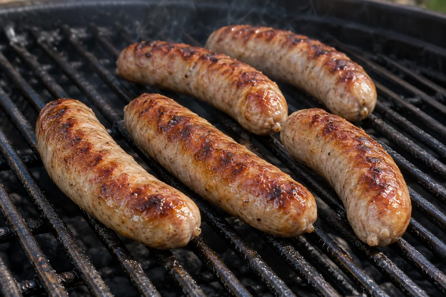 Bratwurst links browning on a charcoal grill grate, casings taut and marked from the bars.