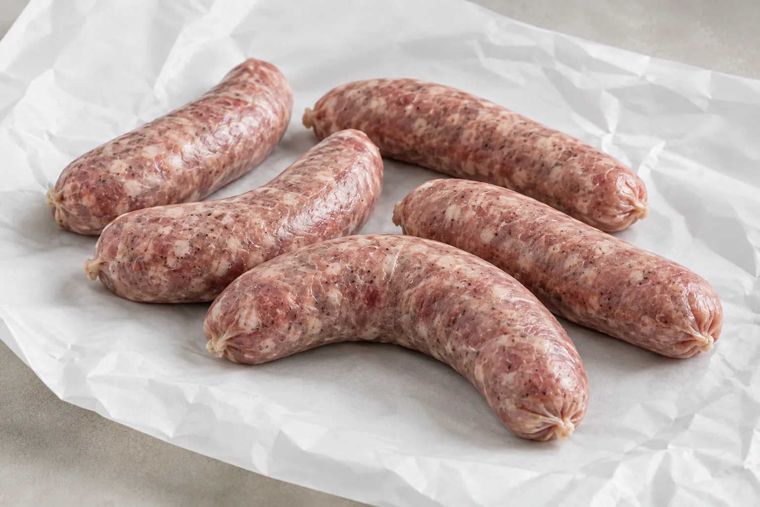 Five raw bratwurst links on white butcher paper, coarse ground pork flecked with pepper in natural casings.