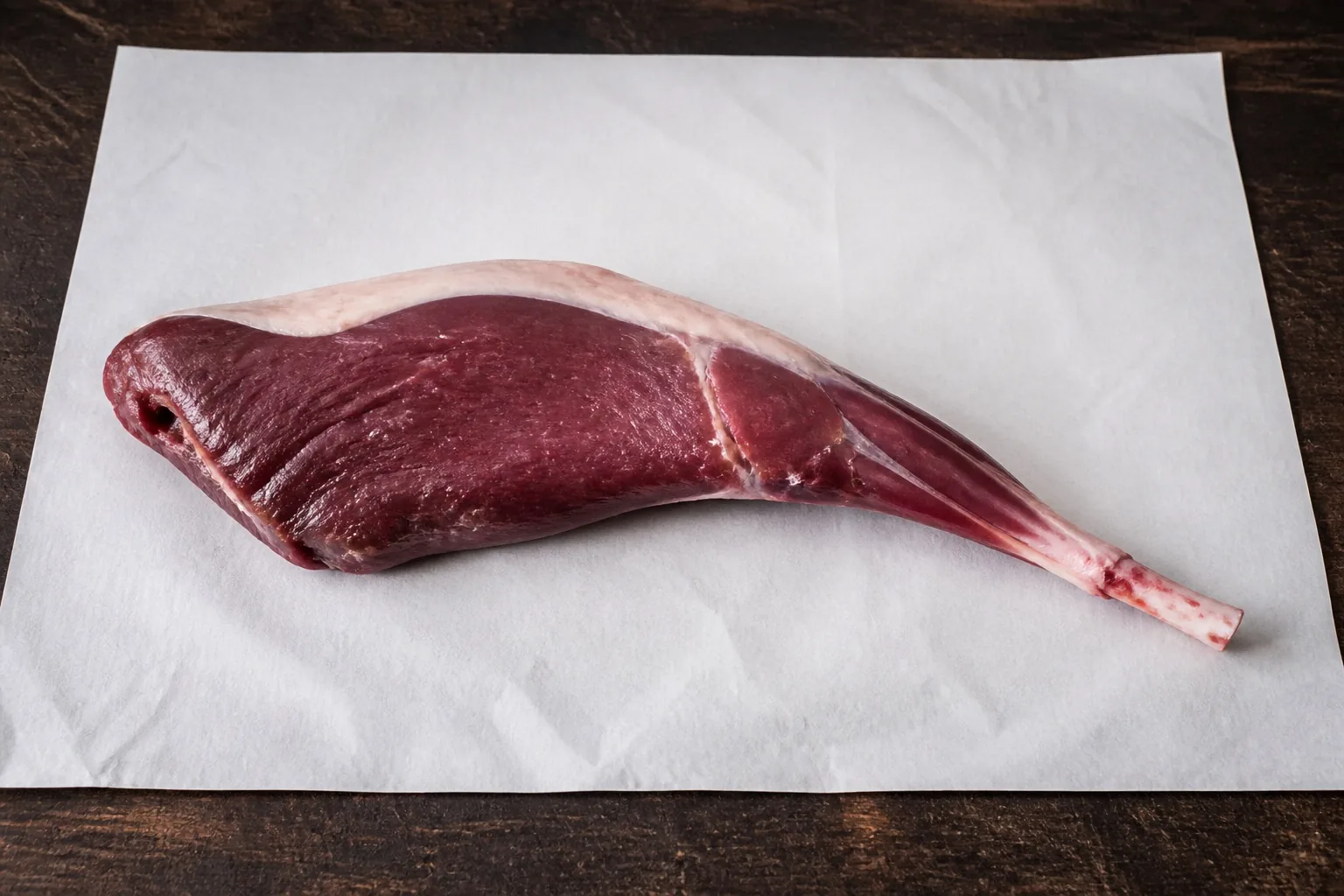 A bone in goat leg on white butcher paper, lean dark red muscle with a thin seam of fat along the top and the shank bone exposed at one end.