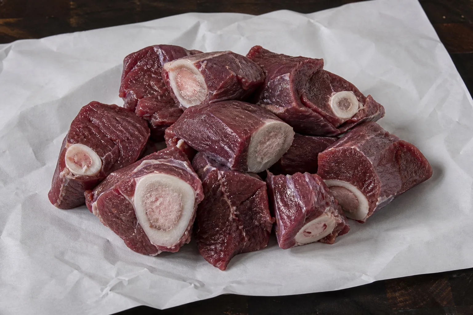 Bone in goat stew meat cut into rough cubes and piled on white butcher paper, the pieces lean and dark red with round white bone showing in the cut faces.