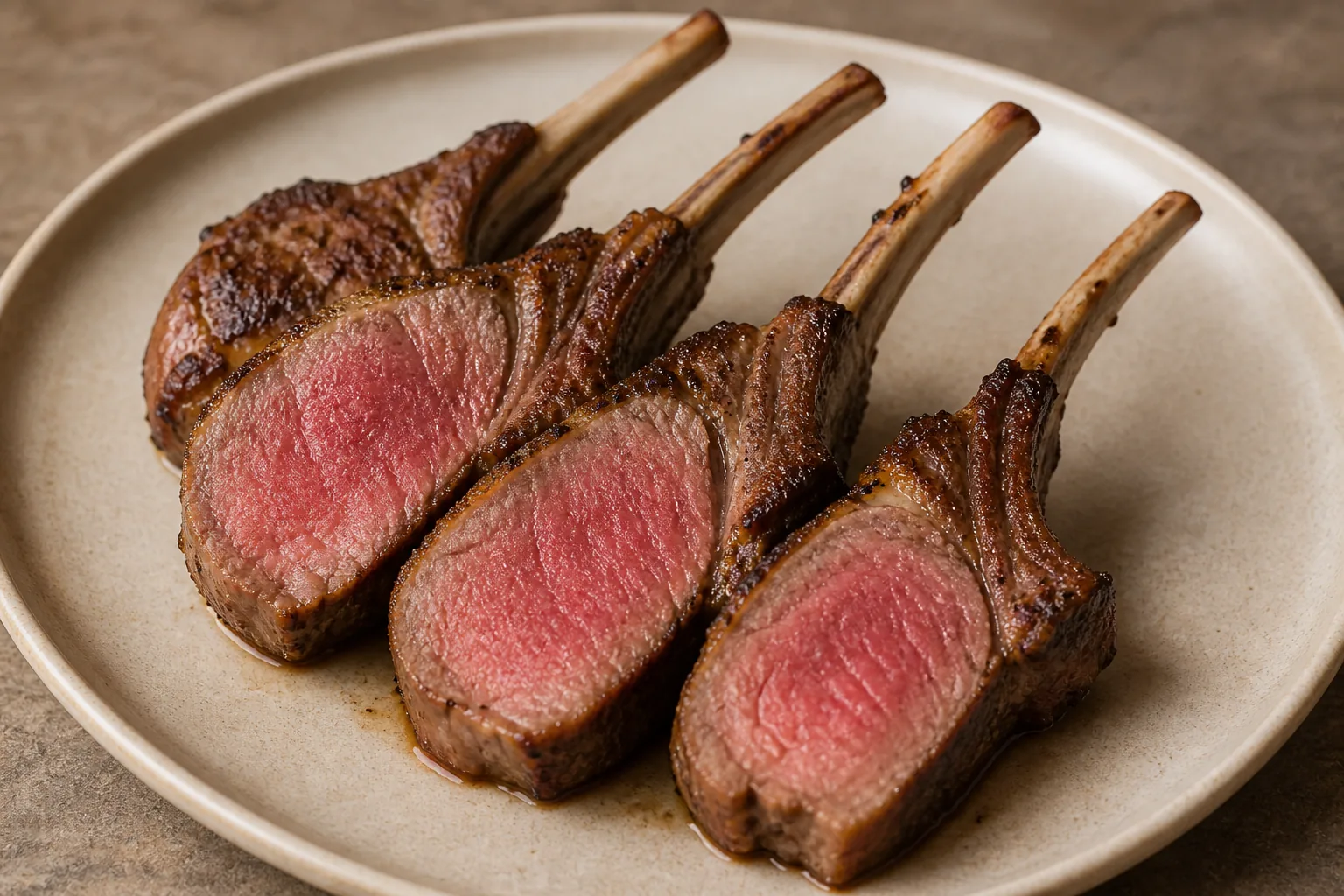 Four frenched lamb chops on a plate, three of them sliced to show a pink medium rare center inside a dark seared crust.