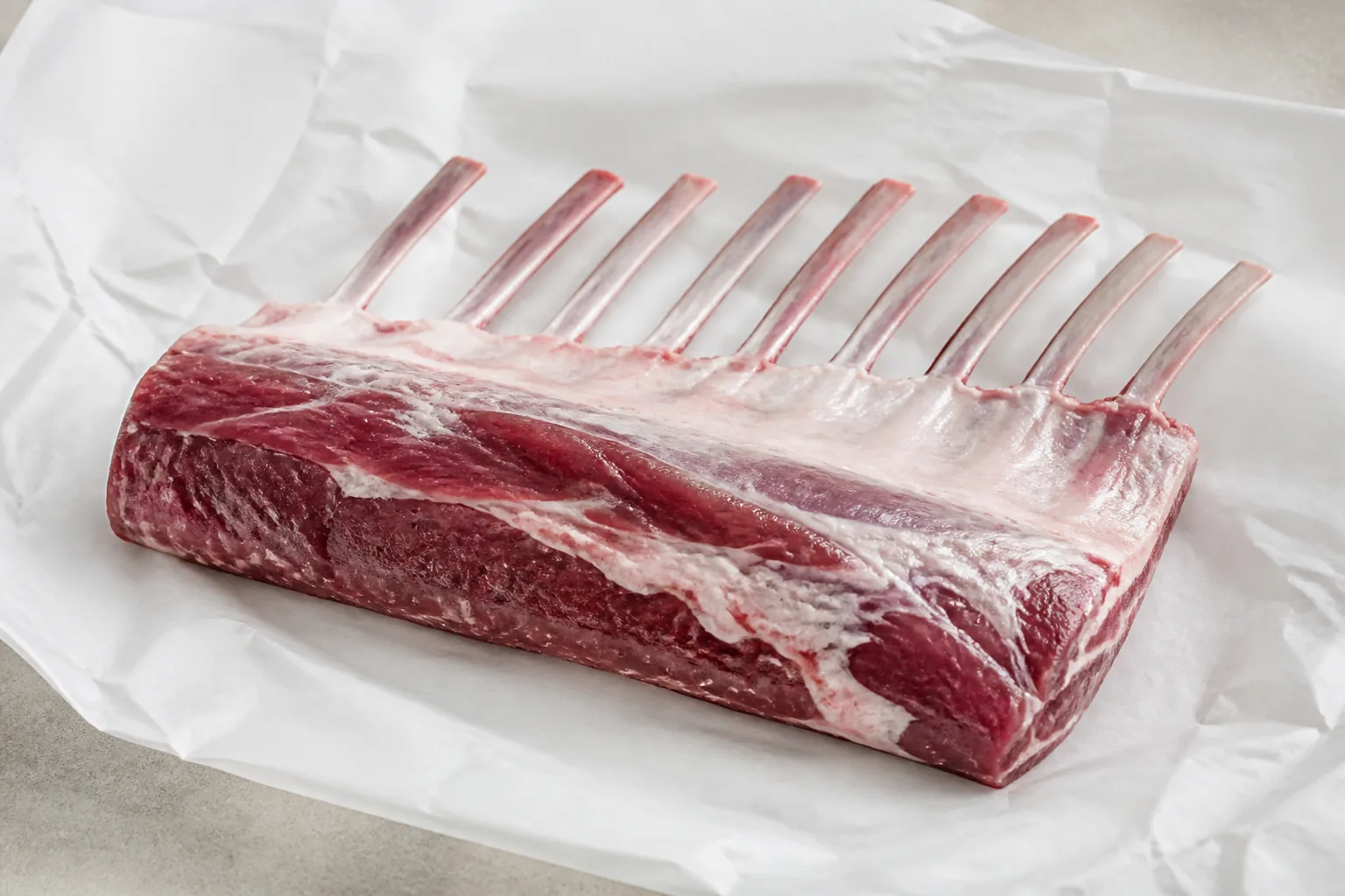 A frenched rack of lamb on white butcher paper, the rib bones scraped clean to the tips and a layer of fat capping the loin underneath.