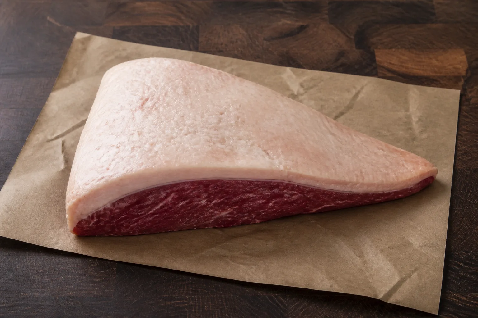 A whole raw picanha on butcher paper, fat cap up, showing the triangular shape and the thick layer of fat that gives the cut its name.