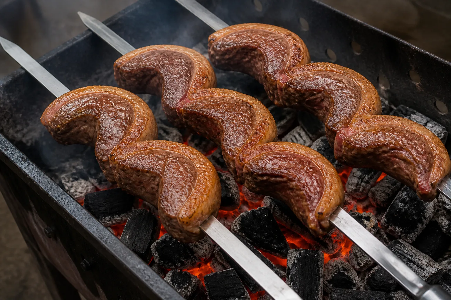 Picanha strips bent into a C and skewered fat side out, browning over hot coals the way a churrascaria cooks them.
