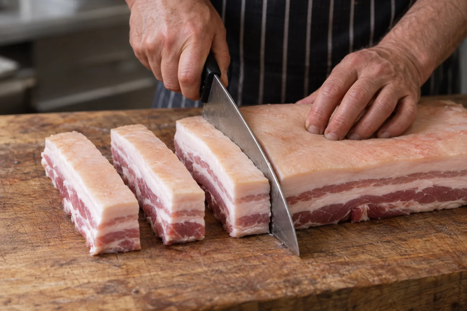 A butcher in a striped apron cutting a slab of pork belly into thick strips on a wooden block, three finished strips lying alongside with their layers of fat and lean showing at the cut ends.
