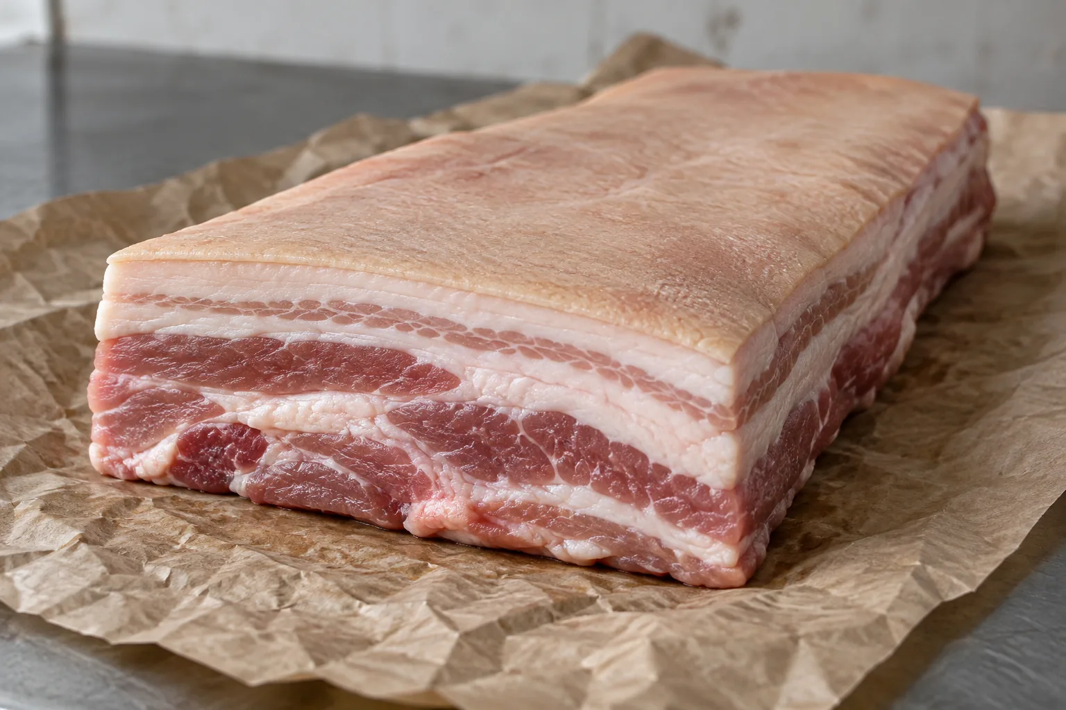A whole raw slab of skin on pork belly resting on crumpled brown butcher paper, the squared cut end showing the skin, the fat cap beneath it, and bands of white fat alternating with lean pink meat.