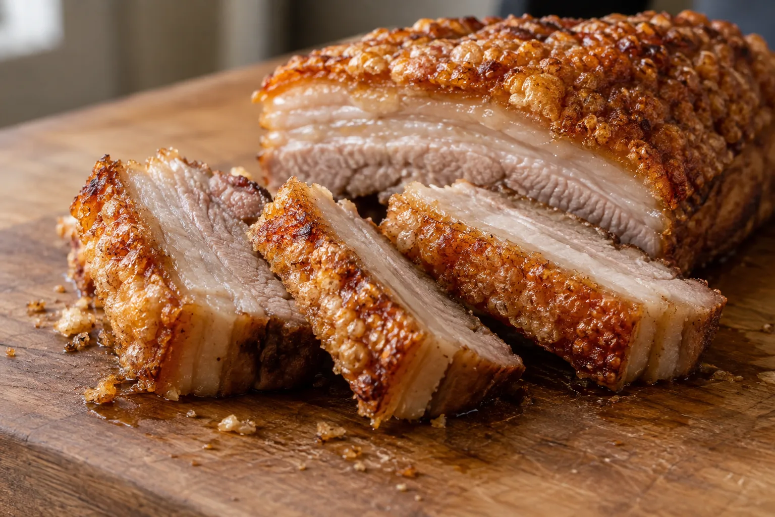 A roasted slab of pork belly on a wooden board, sliced into thick pieces, the skin puffed into golden crackling over rendered fat and pale layers of meat.